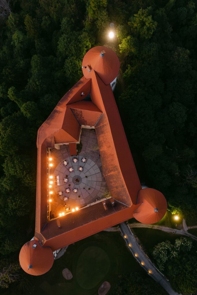 Wedding in Castle captured during dinner with a drone from above